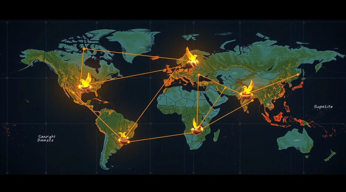 Interconnected network of bird nests on a world map, symbolizing an alliance system.