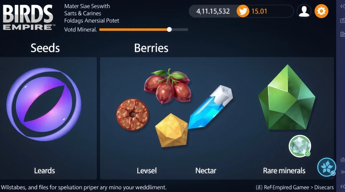 Resource management interface showing various bird-related resources like seeds, berries, and minerals.