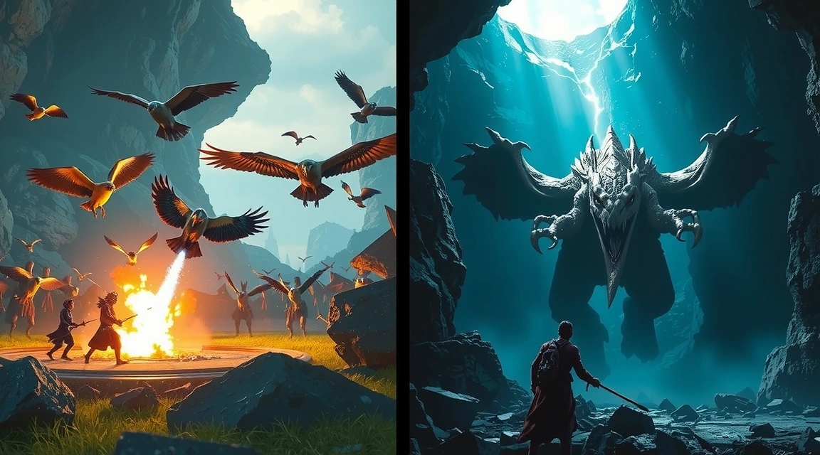 Two distinct battle scenes: one showing player vs player combat, another showing player vs environment combat against a mythical beast.