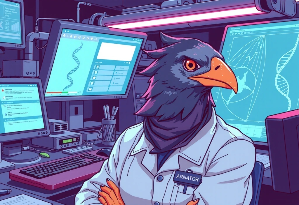 A bird scientist working in a lab, surrounded by glowing diagrams and futuristic equipment.