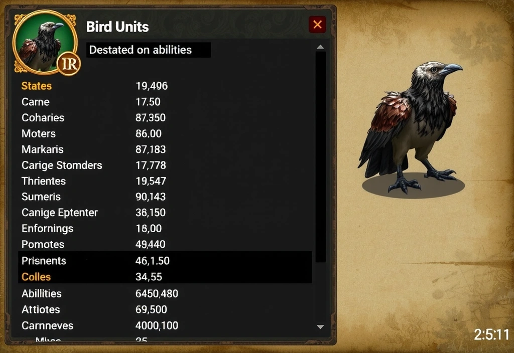 Detailed view of a bird unit with stats and abilities in game