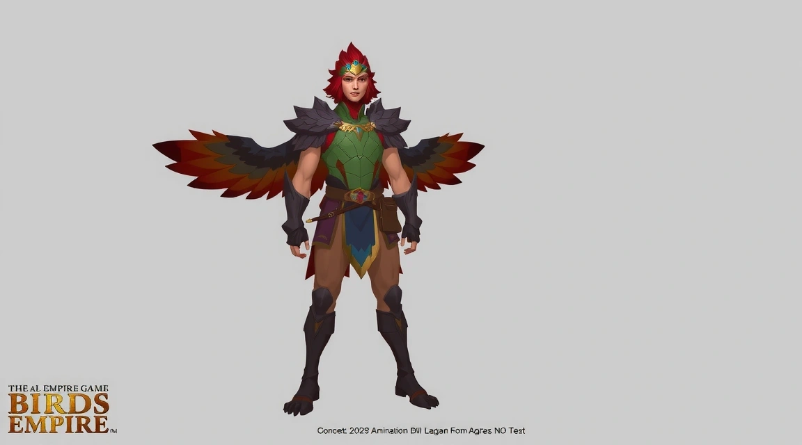 Concept art of a character wearing ornate bird-themed armor
