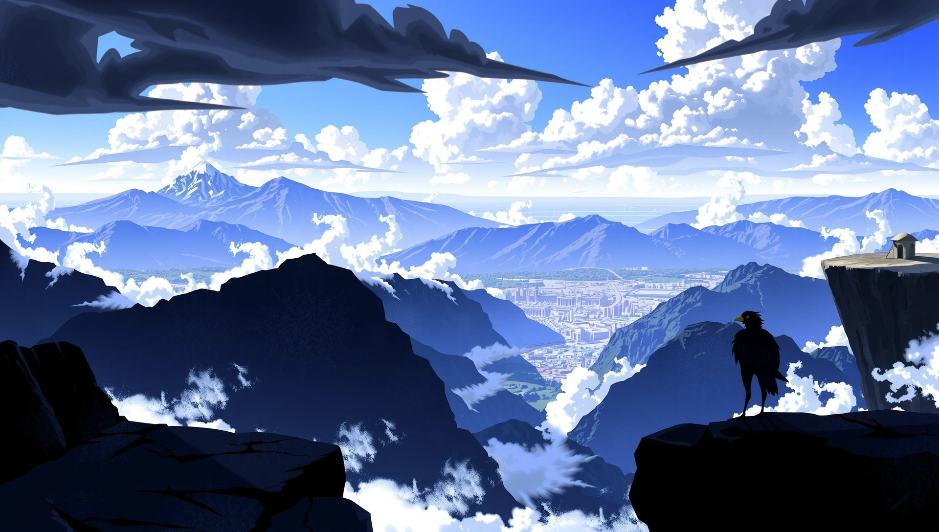 Desktop wallpaper of a character on a cliff overlooking a vast world