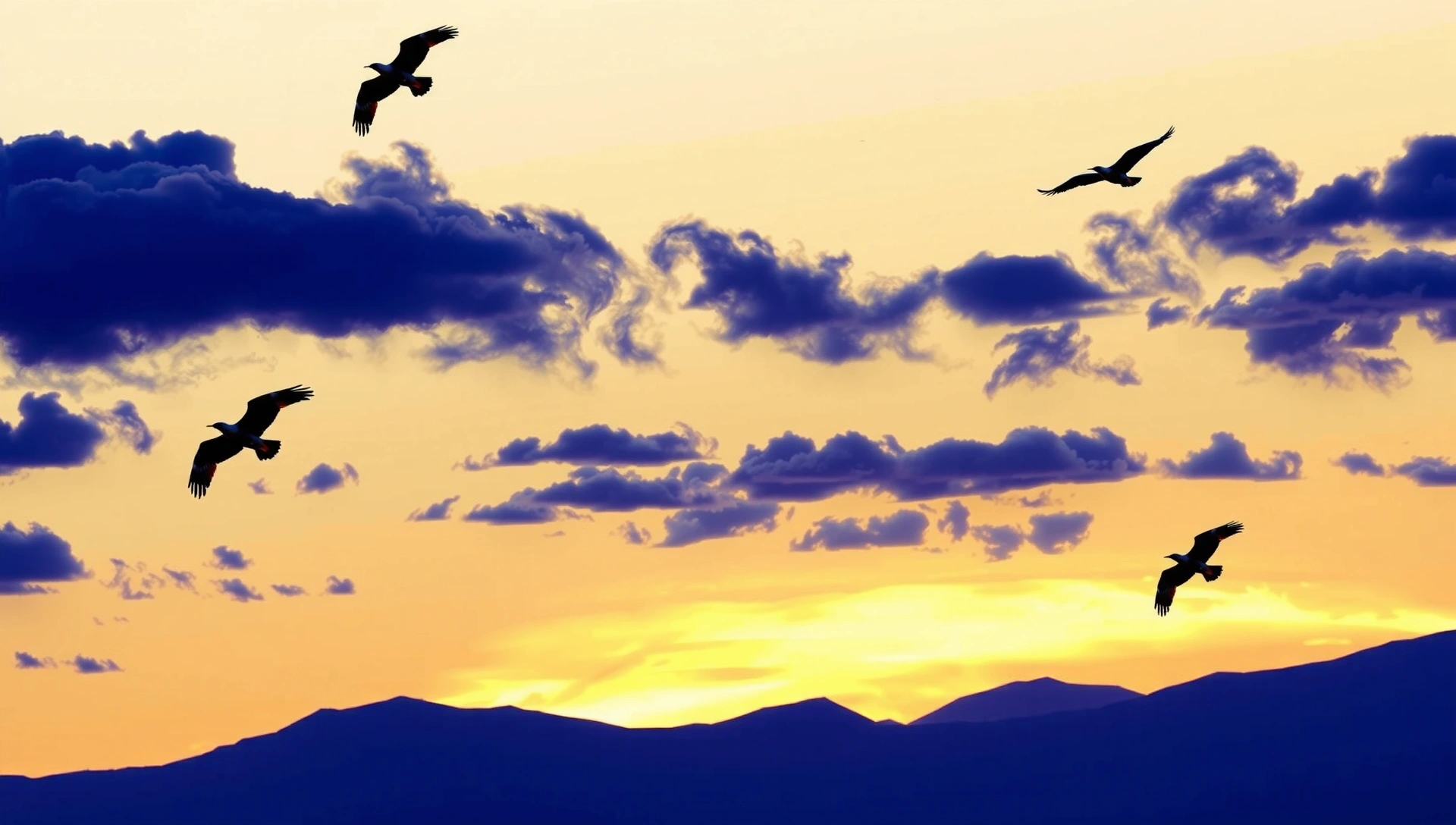 Desktop wallpaper of a serene cloudscape with flying birds