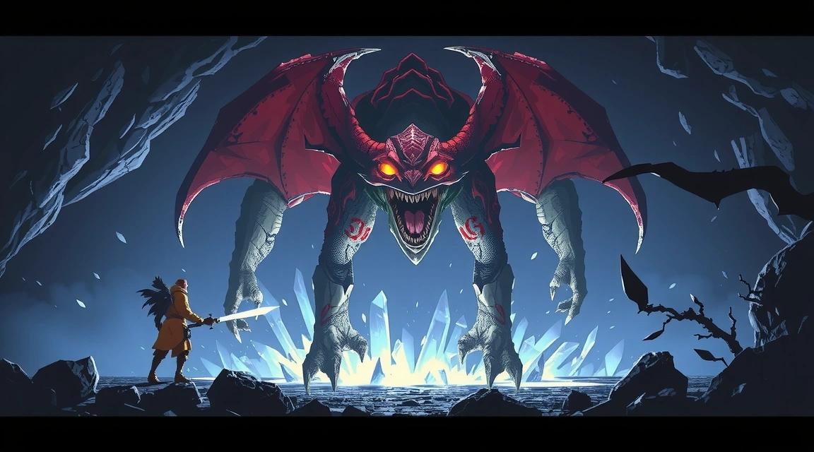 In-game screenshot of a powerful boss encounter in a dark cave