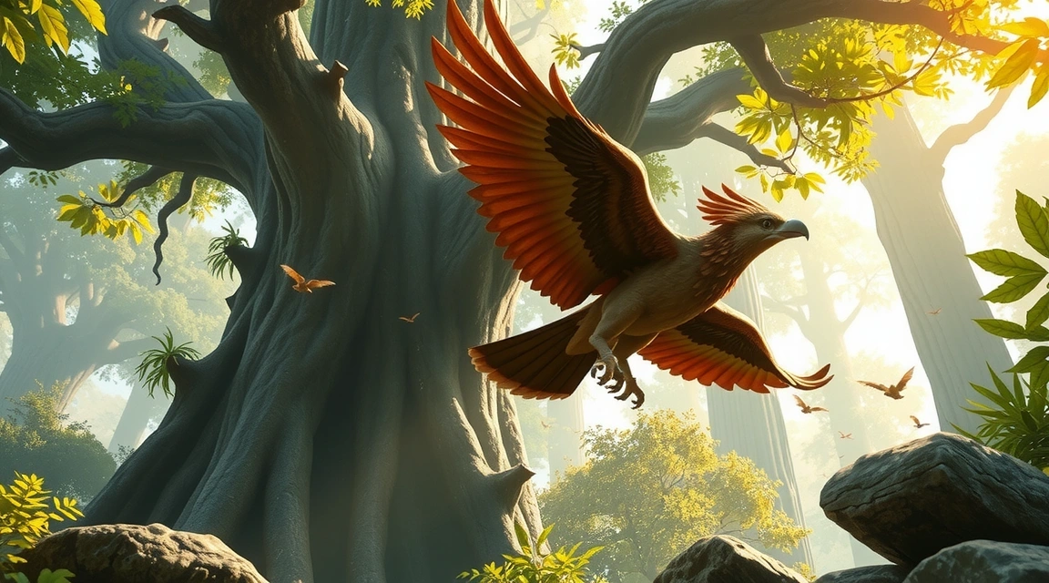 In-game screenshot of a bird-like character flying through a lush forest