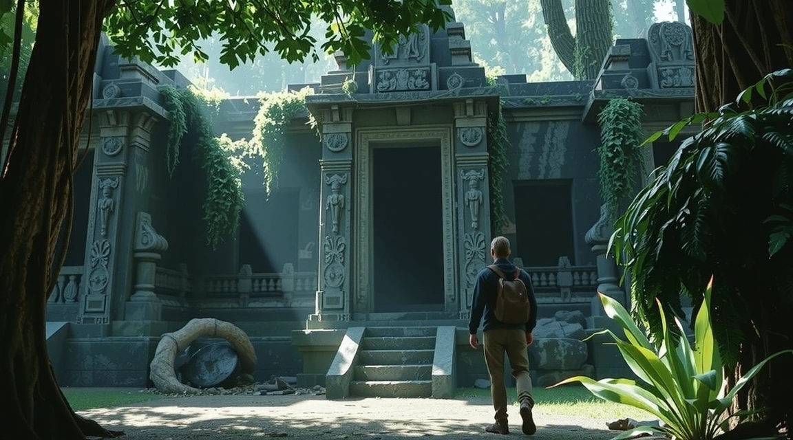 In-game screenshot of a character exploring an ancient temple