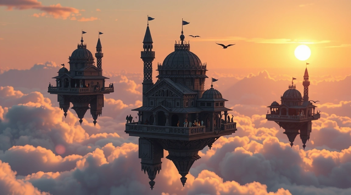 In-game screenshot of a peaceful bird village nestled in clouds