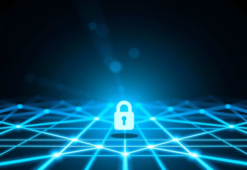 Abstract digital security illustration with glowing lines and padlock icon