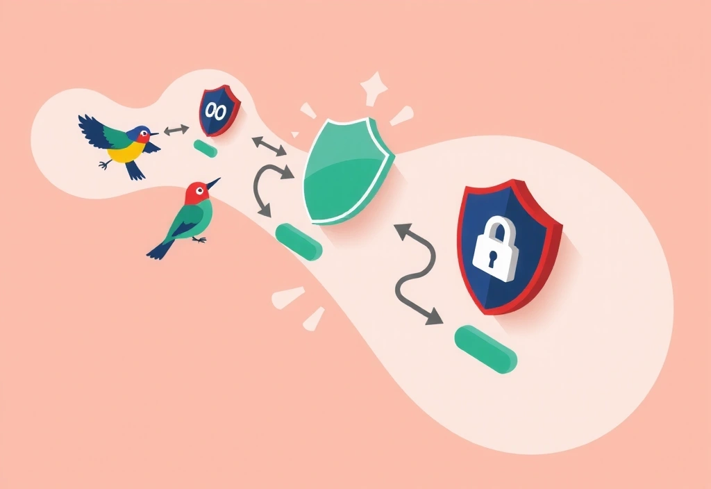 Illustration of data privacy and security with stylized birds and shields