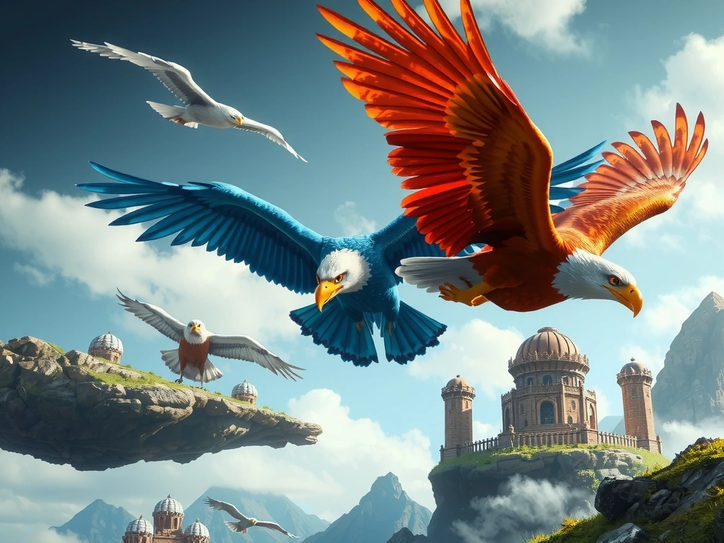 Two majestic birds resembling eagles in a fantasy setting, one with vibrant blue feathers and the other with fiery red, soaring above a stylized game world with floating islands and ancient ruins.
